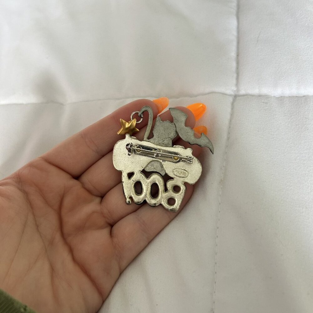 Vintage AJMC Large Halloween Cat Jack O Lantern Bat Boo Enamel Pewter Brooch Pin - Picture 4 of 6